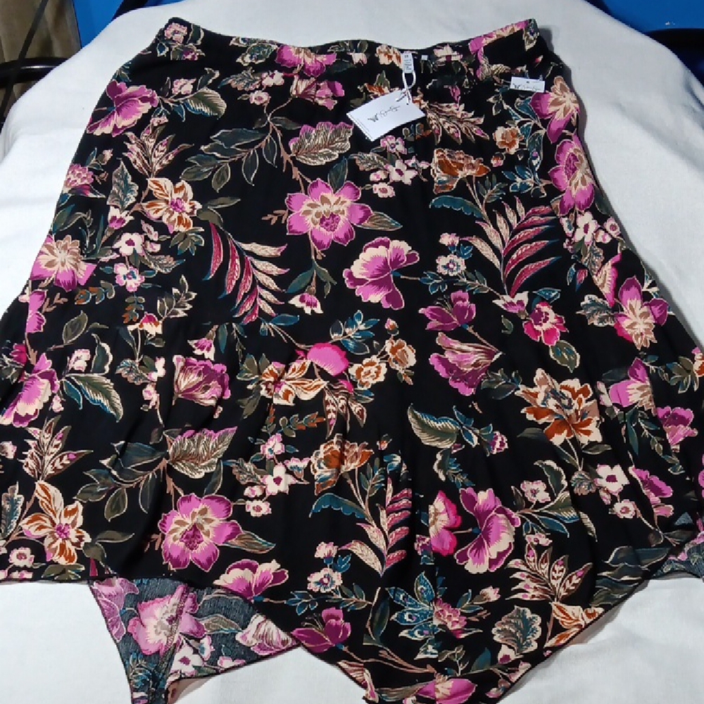 Jessica Simpson Floral Pink Black Cream Jagged Assymetrical Skirt NWT 2X